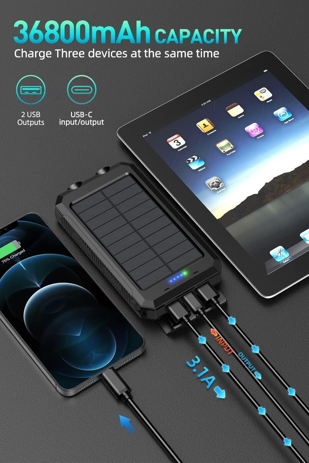200000Mah Solar Power Bank Pack Waterproof 2USB LED Battery Charger Phone