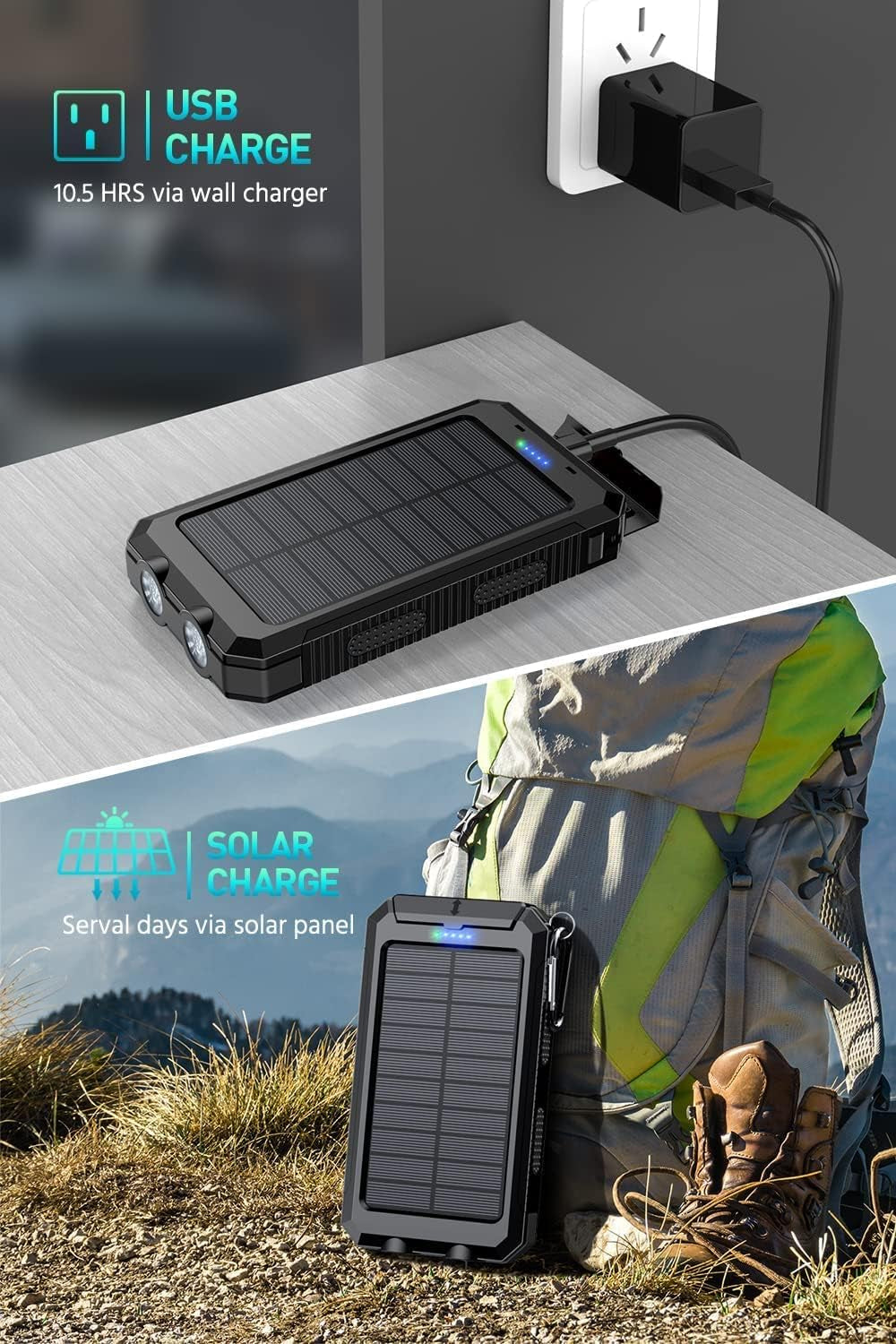 200000Mah Solar Power Bank Pack Waterproof 2USB LED Battery Charger Phone