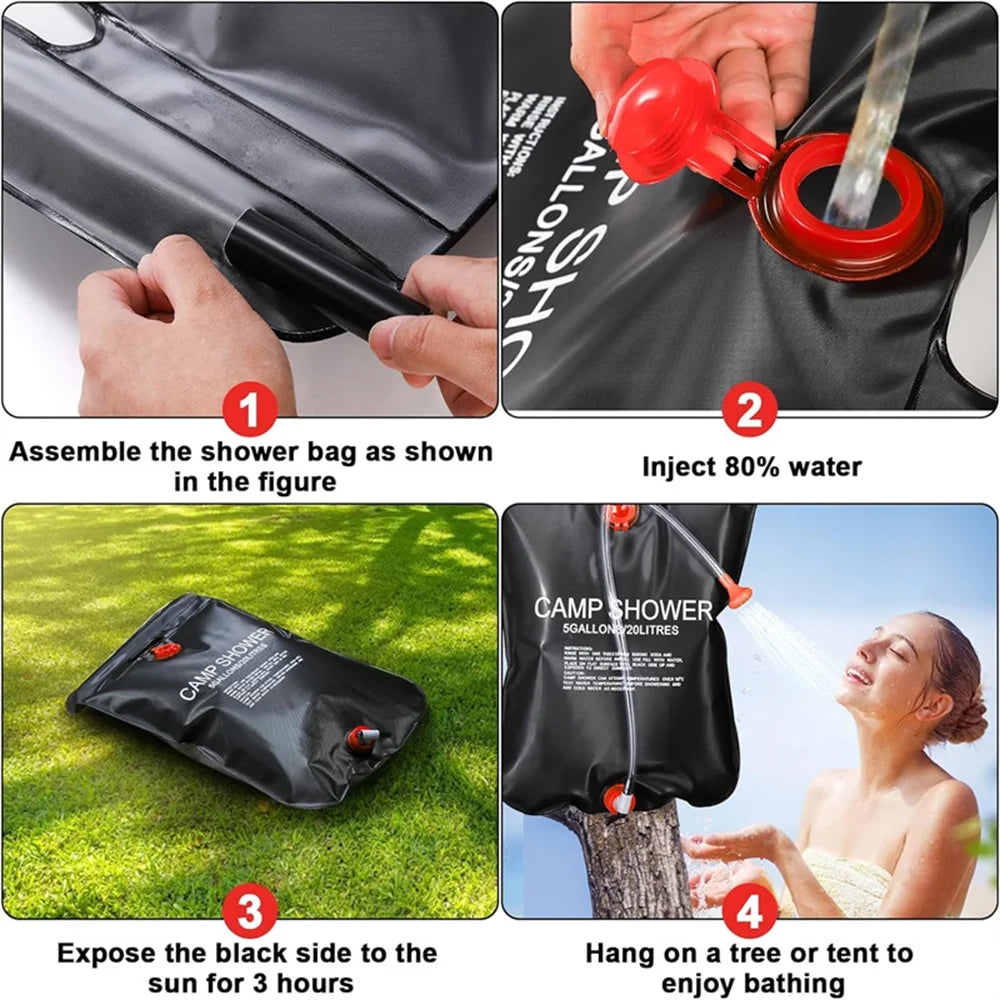 20L Solar Shower Bag Portable Outdoor Camping Shower Bag, Portable Outdoor Eco Friendly Shower Bag, Black