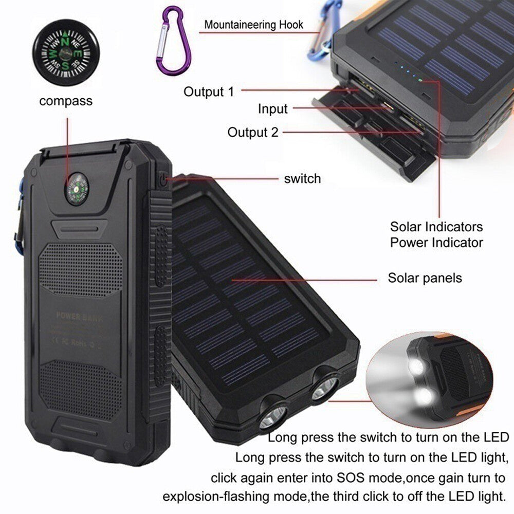 200000Mah Solar Power Bank Pack Waterproof 2USB LED Battery Charger Phone