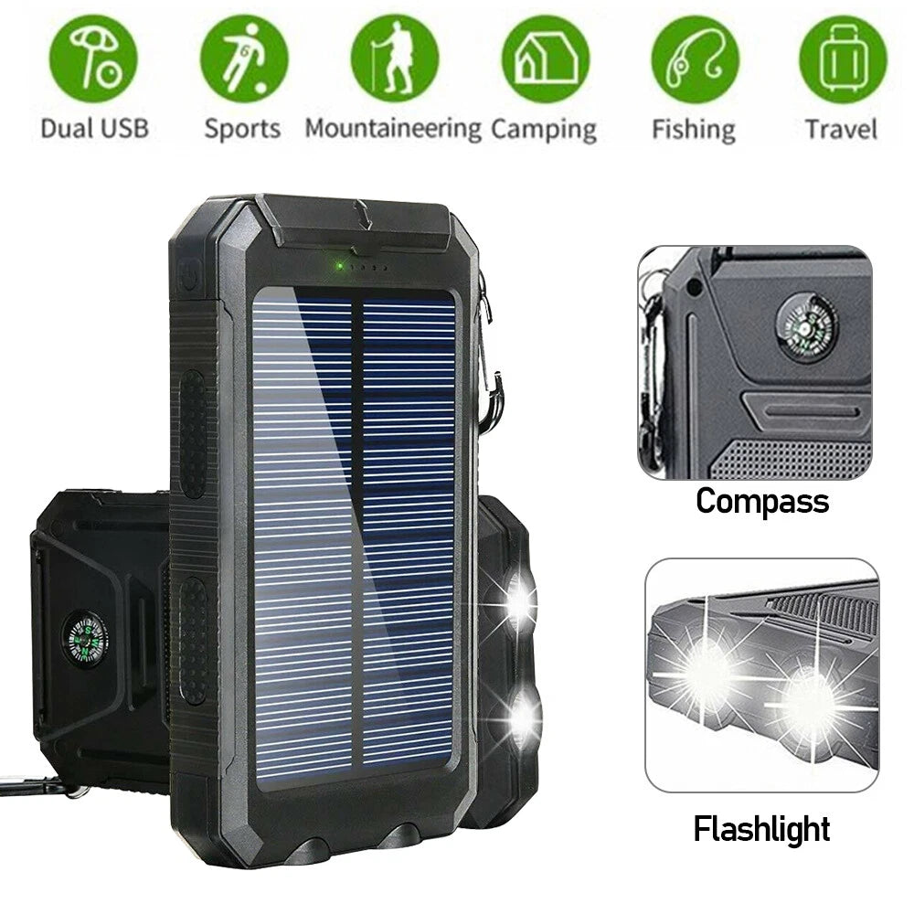 200000Mah Solar Power Bank Pack Waterproof 2USB LED Battery Charger Phone